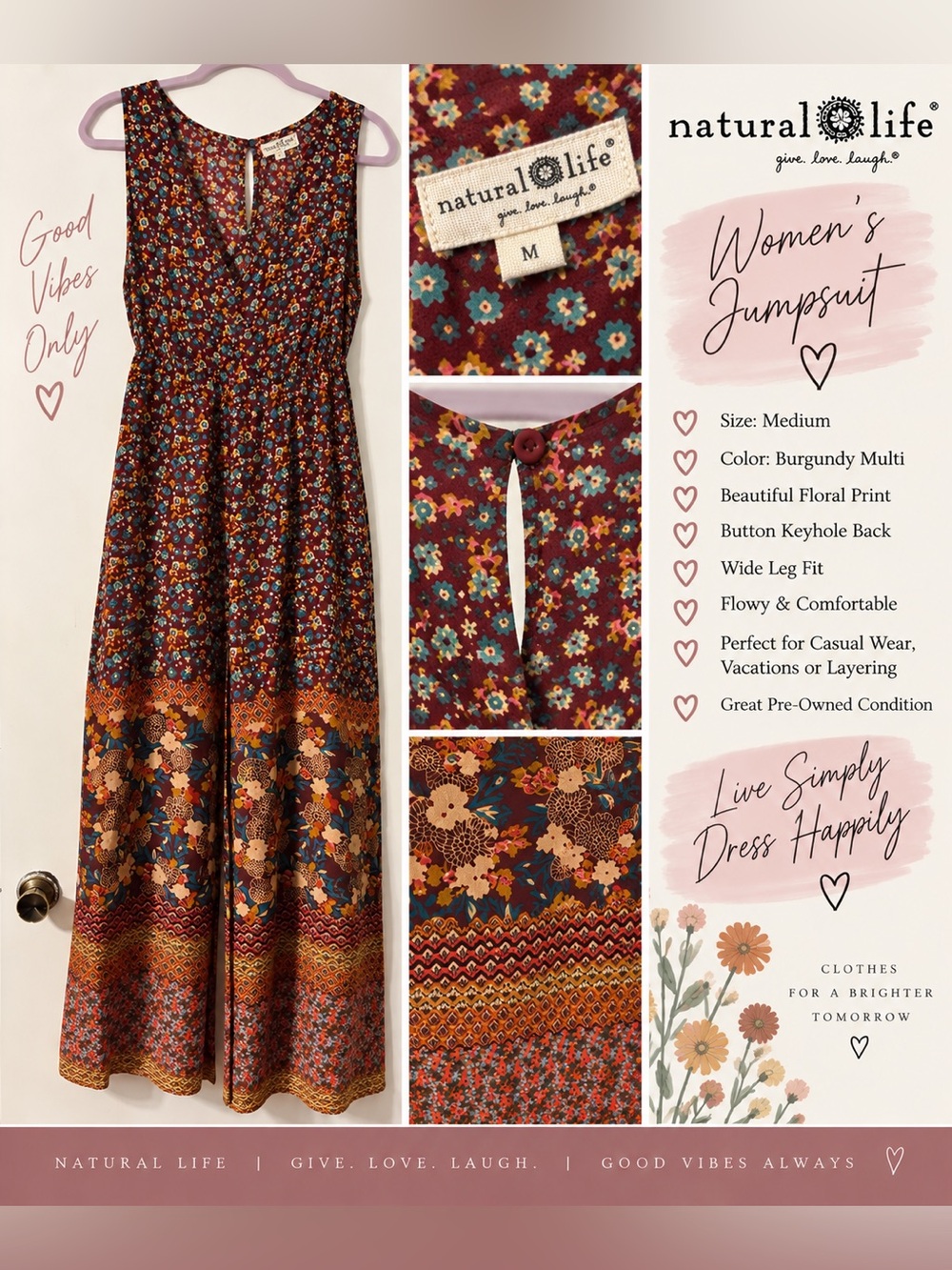 NATURAL LIFE Burgundy Multi Floral Jumpsuit